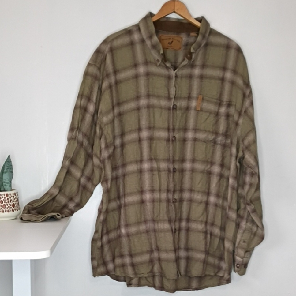 North River Outfitters Men’s 2XL Green & Brown Plaid Flannel Shirt Cotton Rayon